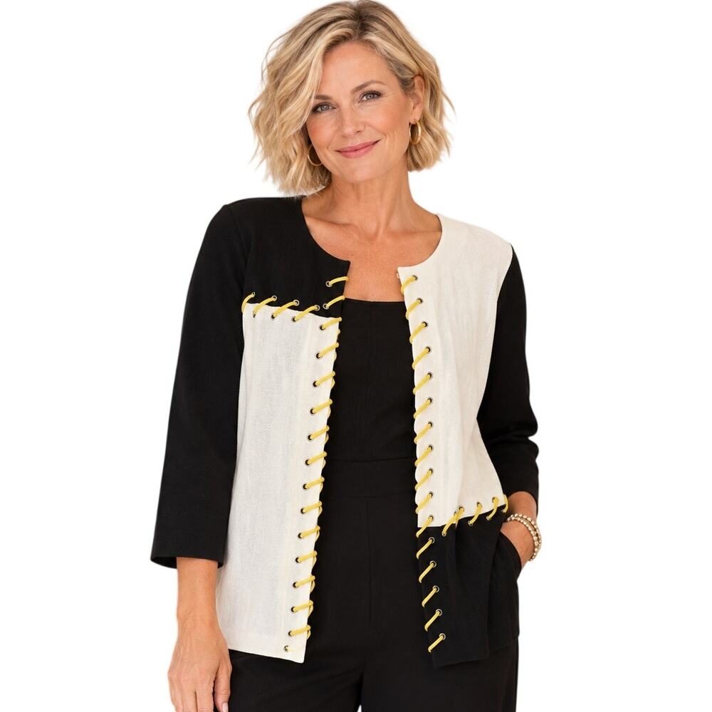 Ming Wang Colorblock Cardigan Womens Size 1X Black White Yellow Lace Up Open